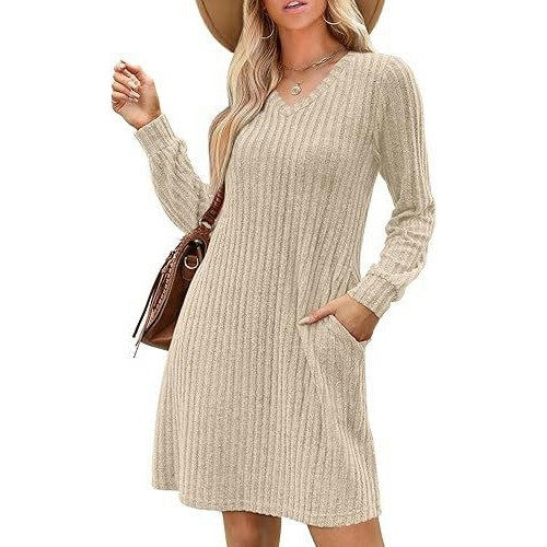 Women's V Neck Sweater Dress Long Sleeve Casual Knee Length Dress with Pocket