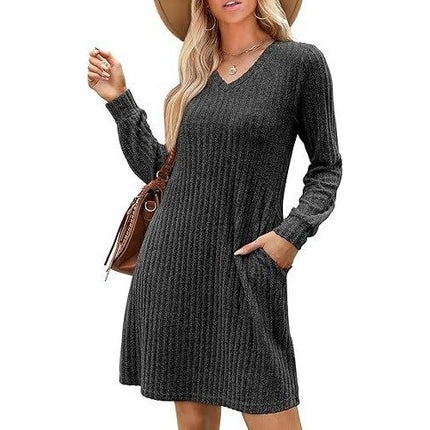Women's V Neck Sweater Dress Long Sleeve Casual Knee Length Dress with Pocket