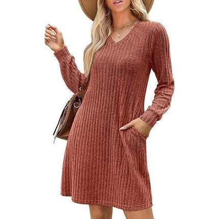 Women's V Neck Sweater Dress Long Sleeve Casual Knee Length Dress with Pocket