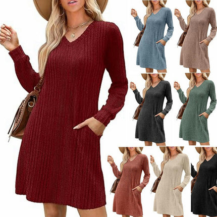 Women's V Neck Sweater Dress Long Sleeve Casual Knee Length Dress with Pocket
