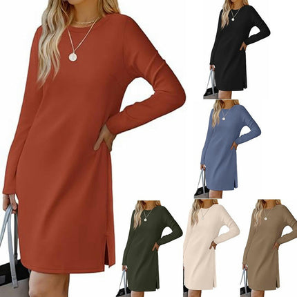 Women's Fall Casual Plain Long Sleeve T-Shirt Dresses Crewneck Loose Split Dress