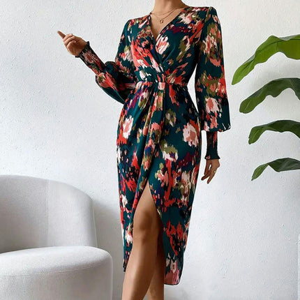 Women's Casual Long Sleeve Midi Dress V Neck Floral Print Bodycon Split Long Dresses