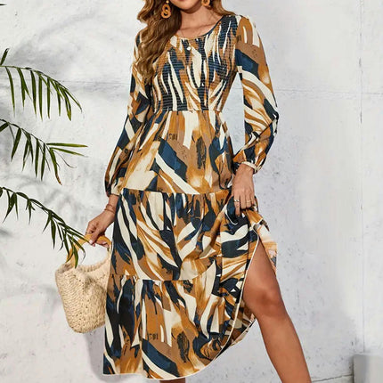 Women's Midi Dress Long Sleeve Floral Smocked Crew Neck Ruffled Flowy Long Dresses