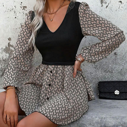 Women's Elegant V Neck Mini Dress Long Sleeve Ruffle Hem A-Line Flowy Swing Short Dress