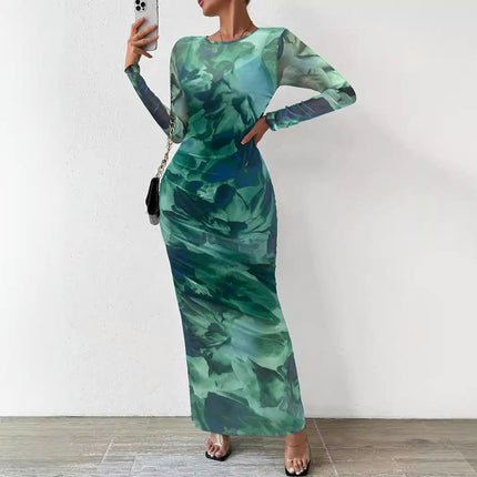 Women's Bodycon Maxi Dress Long Sleeve Tie Dye Tight Fitted Party Club Ruched Dresses
