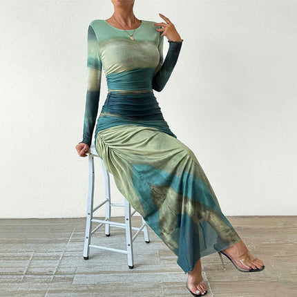 Women's Bodycon Maxi Dress Long Sleeve Tie Dye Tight Fitted Party Club Ruched Dresses