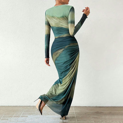 Women's Bodycon Maxi Dress Long Sleeve Tie Dye Tight Fitted Party Club Ruched Dresses