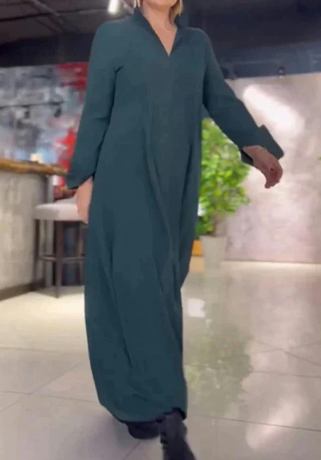 Womens Maxi Dresses Long Sleeve V Neck Casual Split Loose Long Dress with Pockets