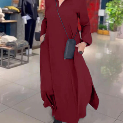 Womens Maxi Dresses Long Sleeve V Neck Casual Split Loose Long Dress with Pockets