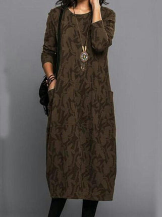 Womens Maxi Dresses Long Sleeve Crew Neck Casual Loose Long Dress with Pockets