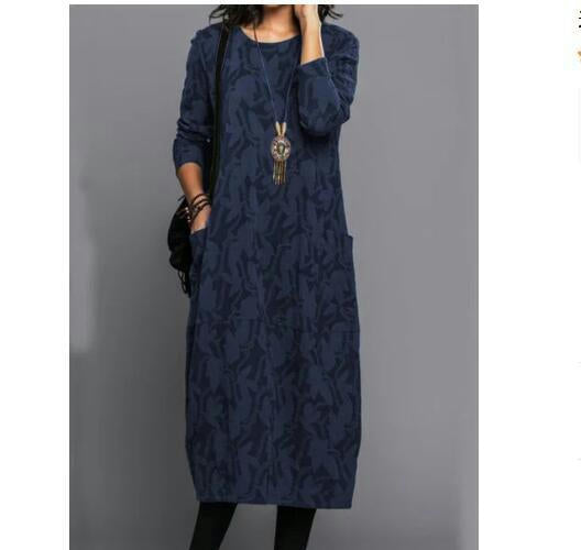 Womens Maxi Dresses Long Sleeve Crew Neck Casual Loose Long Dress with Pockets