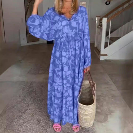 Womens Casual Long Sleeve Boho Floral Long Dress V Neck Tie Waist Maxi Dresses
