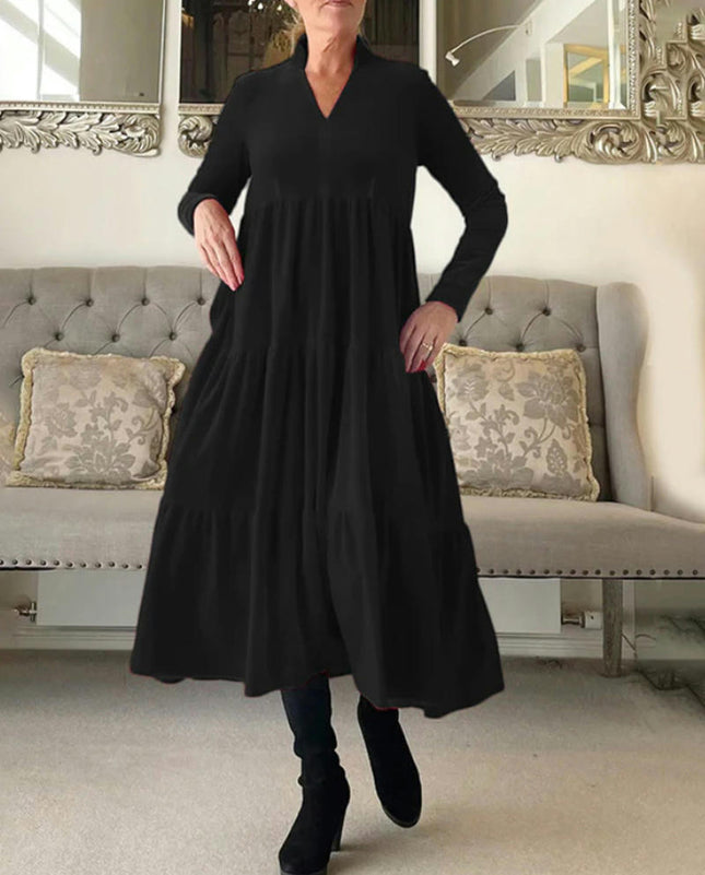 Womens Long Sleeve V Neck Midi Dress Casual Boho Tiered Ruffle Flowy Long Dresses