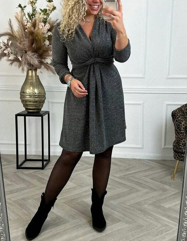 Women's Casual Spring Fall Dresses Long Sleeve V Neck Ruched A Line Dress