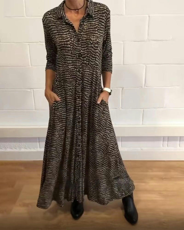 Women's Casual Printed Long Sleeve Shirt Dress Button Down Lapel Collar Maxi Dress