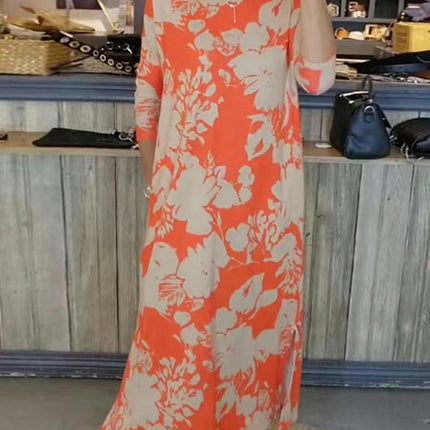 Womens Casual Long Sleeve Floral Maxi Dresses Crew Neck Split Loose Long Dress