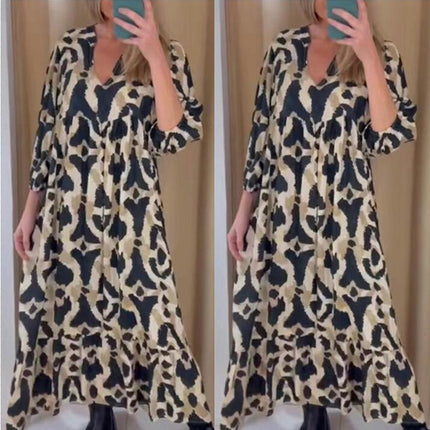 Womens Long Sleeve V Neck Dress Casual Leopard Print Ruffle Flowy Long Dresses