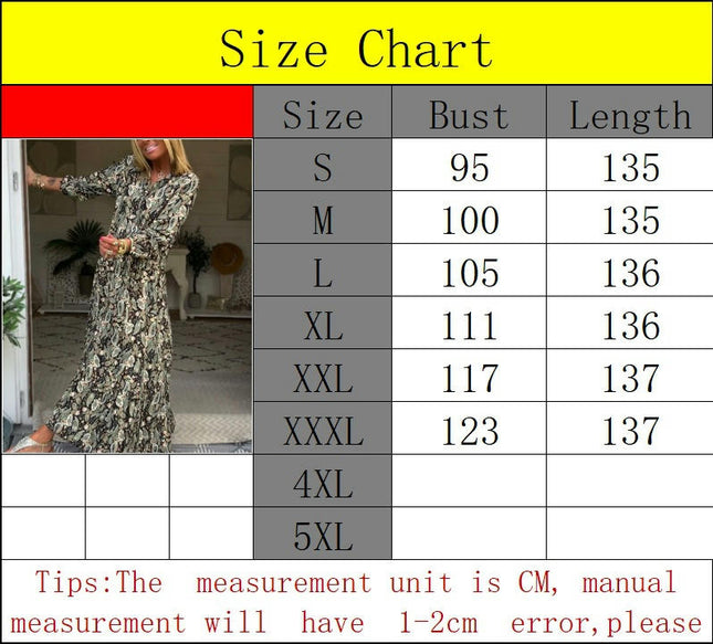 Women's Boho Print Dresses Long Sleeve V Neck Casual Flowy Party Maxi Dress