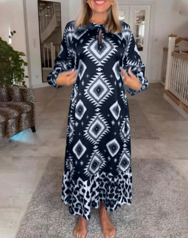 Women's Casual Long Sleeve Dresses Round Neck Print Flowy Maxi Dress