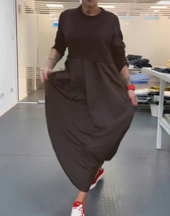 Women's Crew Neck Maxi Dress Long Sleeve Elegant Long Dress  Flowy Swing Patchwork Dresses