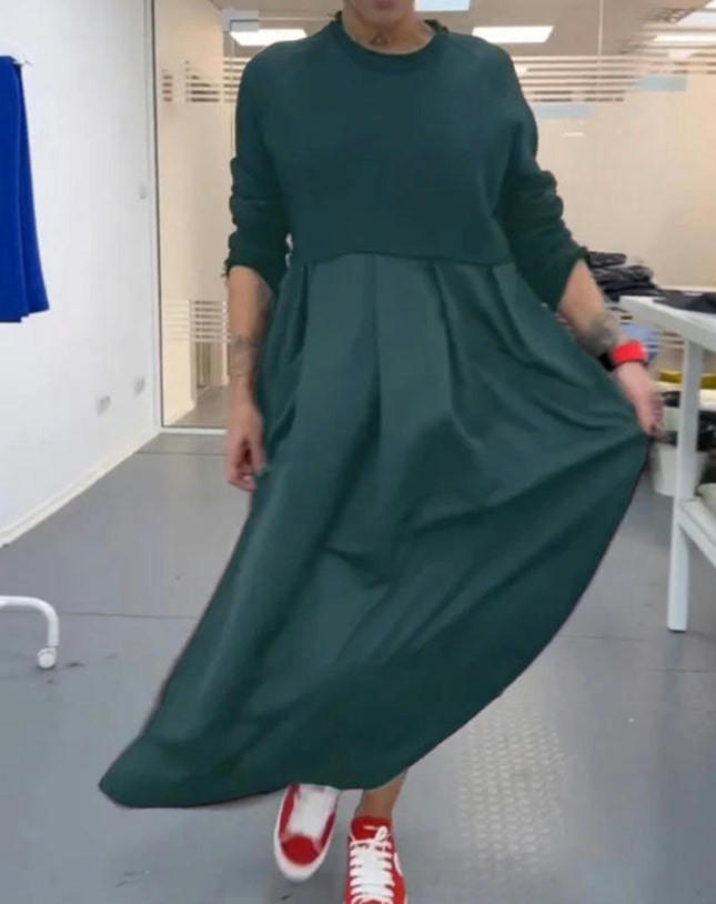 Women's Crew Neck Maxi Dress Long Sleeve Elegant Long Dress  Flowy Swing Patchwork Dresses