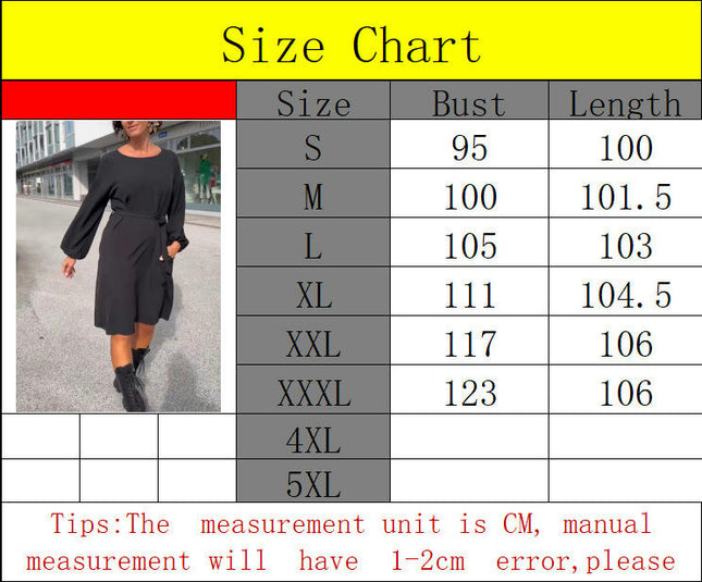 Women Casual Long Sleeve Crew Neck Dress Tie Waist A Line Flowy Midi Dresses