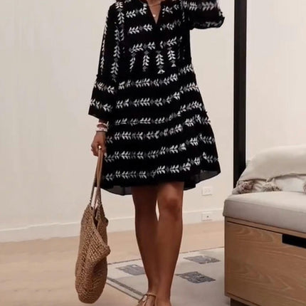 Women Casual Mini Dress V Neck Long Sleeve Print A Line Flowy Short Dresses