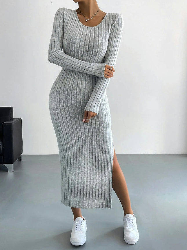 Women Long Sleeve Crewneck Sweater Dress Ribbed Knit Stretch Slim Fit Bodycon Split Maxi Dresses