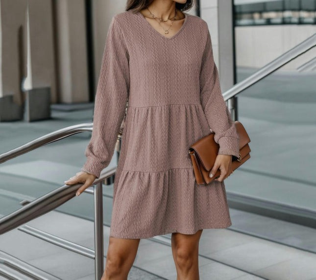 Womens Dresses Long Sleeve V Neck Textured Casual Tiered Ruffle A-Line Swing Mini Dress