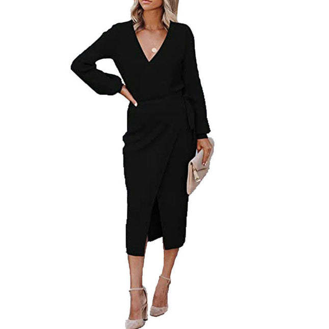 Women's Wrap V Neck Knit Dress Casual Long Sleeve Tie Waist Bodycon Split Midi Dress