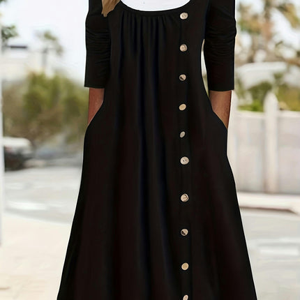 Women Color Block Square Neck Dresses Long Sleeve Button A Line Flowy Pleated Midi Dress