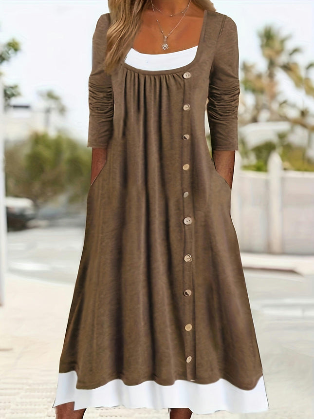 Women Color Block Square Neck Dresses Long Sleeve Button A Line Flowy Pleated Midi Dress