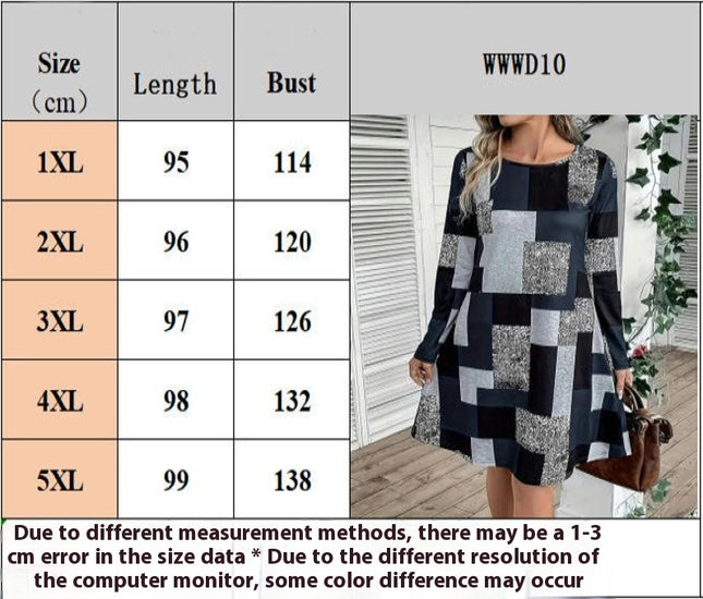 Womens Casual Print Dress Crewneck Long Sleeve A-Line Swing Mini Dress