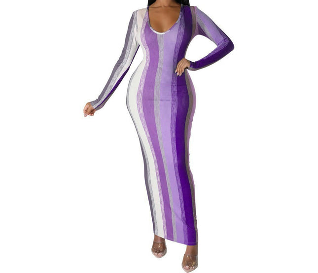 Women's Sexy V-Neck Bodycon Dress Long Sleeve Color Party Maxi Long Dress