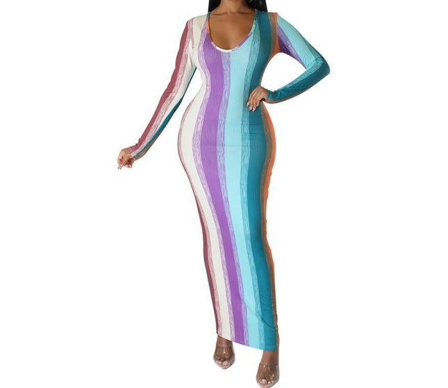 Women's Sexy V-Neck Bodycon Dress Long Sleeve Color Party Maxi Long Dress