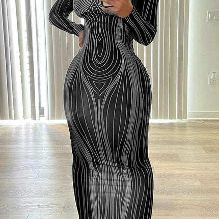 3D Body Print Maxi Dress Women Long Sleeve Sexy Body-Shaping Party Clubwear Clothing