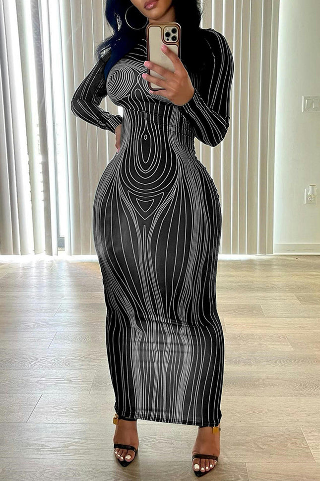 3D Body Print Maxi Dress Women Long Sleeve Sexy Body-Shaping Party Clubwear Clothing