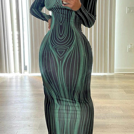 3D Body Print Maxi Dress Women Long Sleeve Sexy Body-Shaping Party Clubwear Clothing