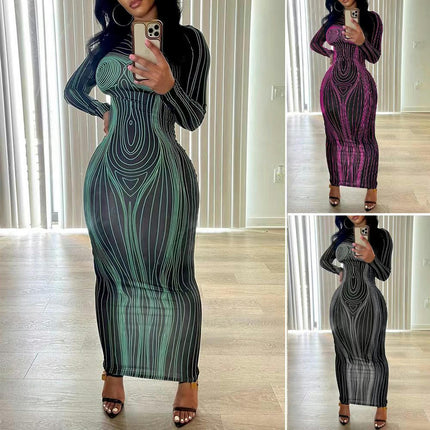 3D Body Print Maxi Dress Women Long Sleeve Sexy Body-Shaping Party Clubwear Clothing