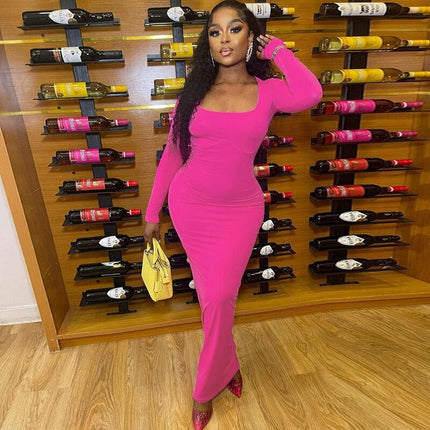 Women's Sexy Square Neck Long Dress Elegant Long Sleeve Bodycon Maxi Dresses