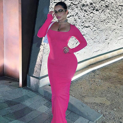 Women's Sexy Square Neck Long Dress Elegant Long Sleeve Bodycon Maxi Dresses