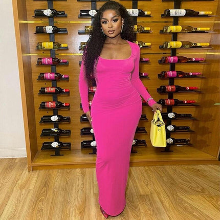 Women's Sexy Square Neck Long Dress Elegant Long Sleeve Bodycon Maxi Dresses
