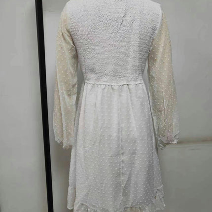Womens Casual V Neck Long Sleeve Smocked Elegant Short Swing Ruffle Mini Dresses
