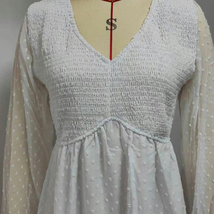 Womens Casual V Neck Long Sleeve Smocked Elegant Short Swing Ruffle Mini Dresses