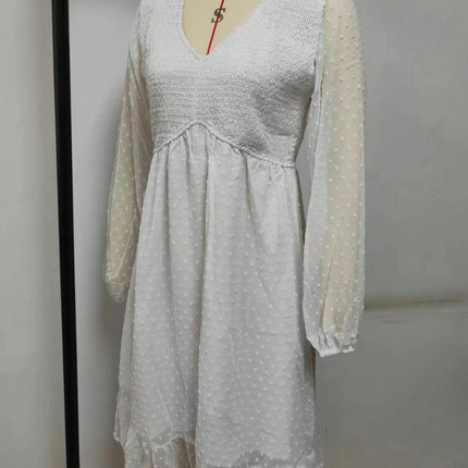 Womens Casual V Neck Long Sleeve Smocked Elegant Short Swing Ruffle Mini Dresses