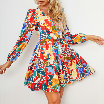 Womens Boho Floral Dresses V Neck Long Sleeve High Waist Casual A-Line Swing Mini Dress