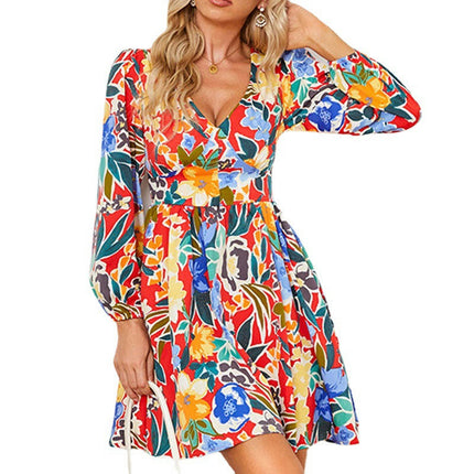 Womens Boho Floral Dresses V Neck Long Sleeve High Waist Casual A-Line Swing Mini Dress