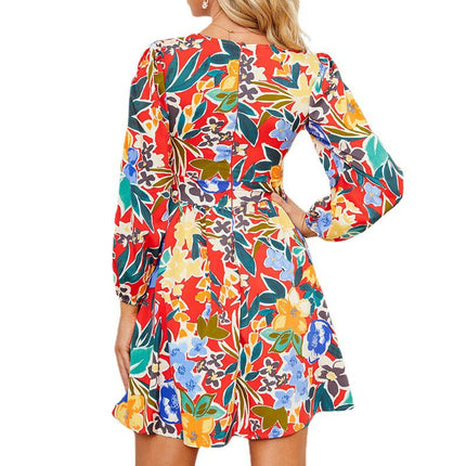 Womens Boho Floral Dresses V Neck Long Sleeve High Waist Casual A-Line Swing Mini Dress