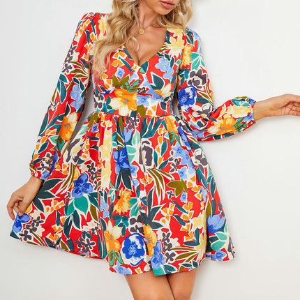 Womens Boho Floral Dresses V Neck Long Sleeve High Waist Casual A-Line Swing Mini Dress