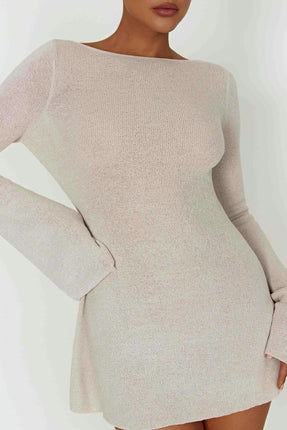 Knit Bodycon Mini Dress for Women Crew Neck Long Flare Sleeve Sexy Backless Dresses